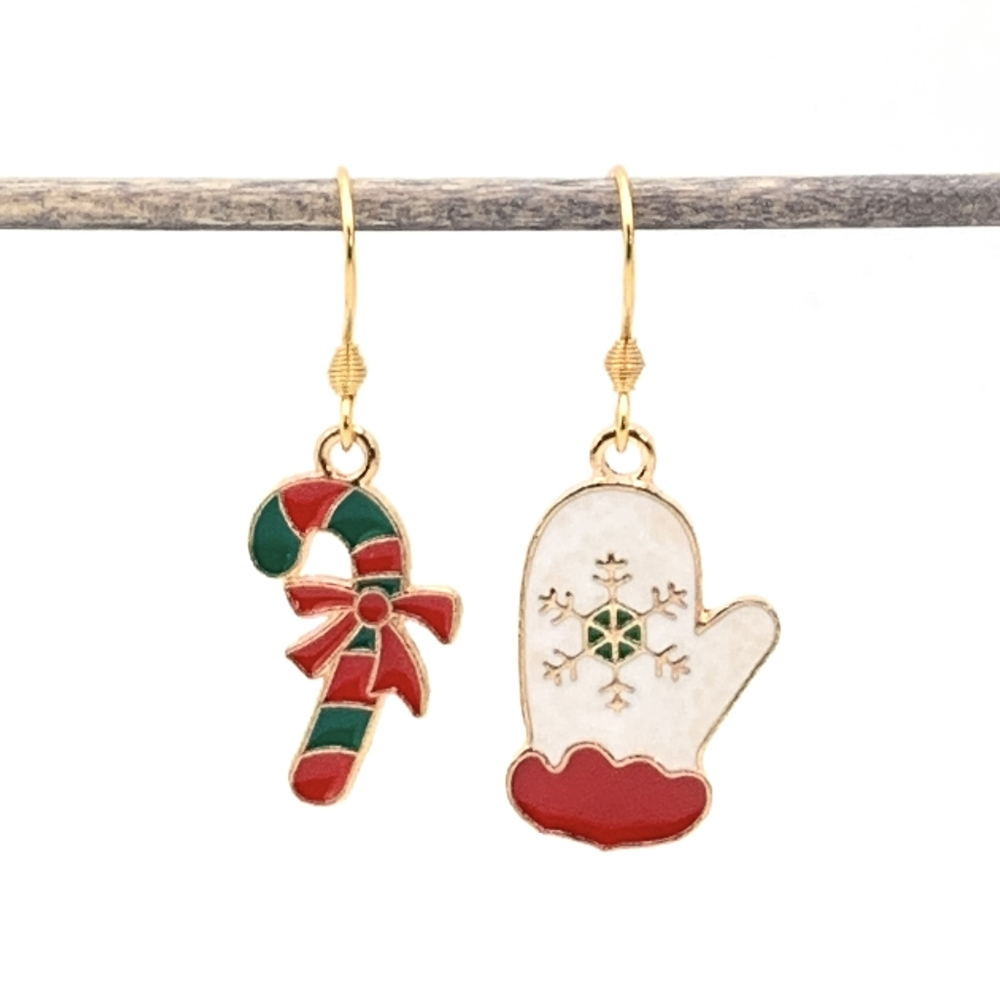 Mismatched Christmas Candycane and Mitten Earrings